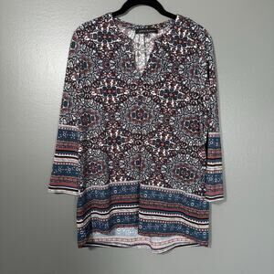 Jasmine & Julianna Women's Blue & Brown Boho Floral Mandala Top - Size Small